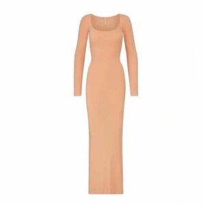 NWT SKIMS Peach Long Sleeve Ribbed Scoop Neck Maxi Dress Size Small